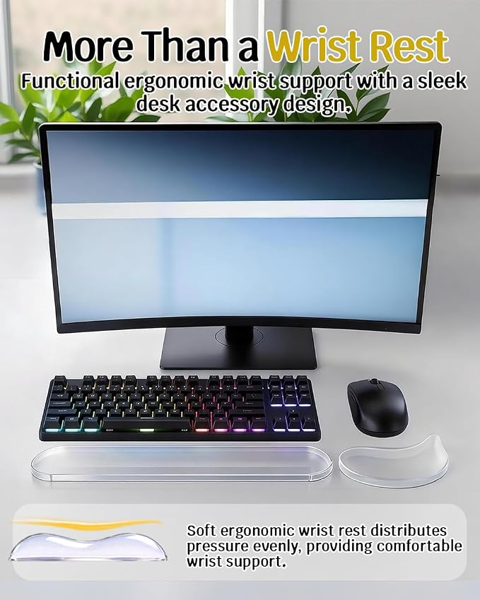 Clear Gel Keyboard Wrist Rest with Mouse Pad Wrist Support, Ergonomic Wrist Rest for Computer Keyboard and Mouse, Non-Slip Cooling Keyboard Pad for Office, Gaming & Laptop (Transparent)