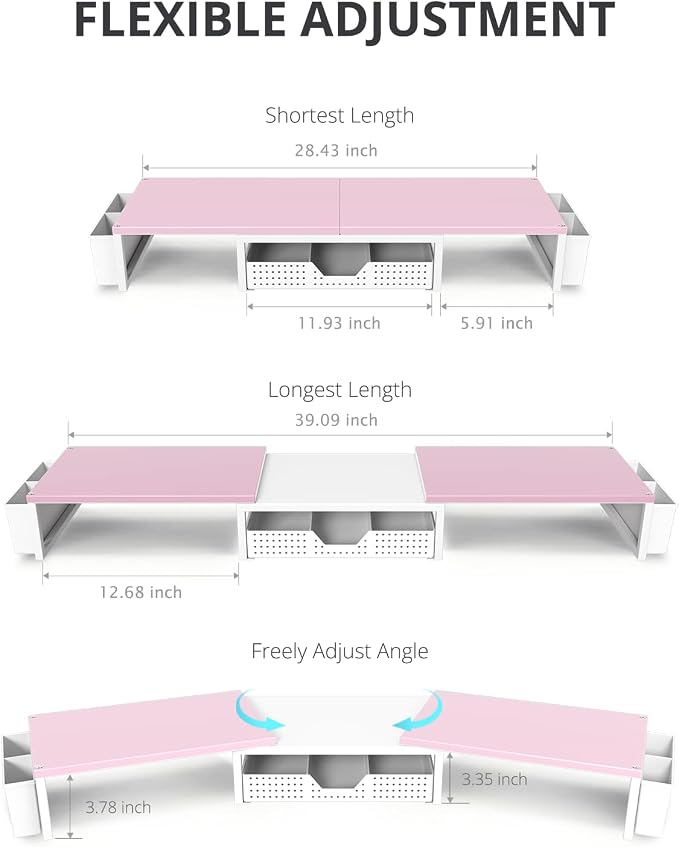 Desk Organizers and Accessories, Dual Monitor Stand Riser with Drawer and 2 Pen Holders, Desk Shelf Computer Racks for Office Workspace Organizers, Desktop Organization (Pink-White)