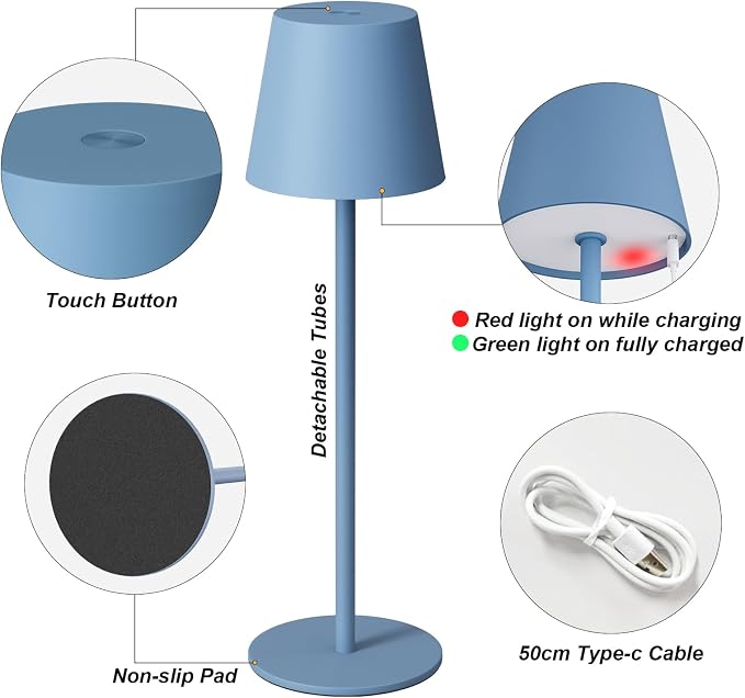 Kakanuo Cordless Table Lamp Rechargeable Blue - KK 2 Pack 5000mAH Battery Operated Lamp for Dining Table, 3 Color Stepless Dimming Wireless Lamp for Counter, Outdoor Patio, Touch Control