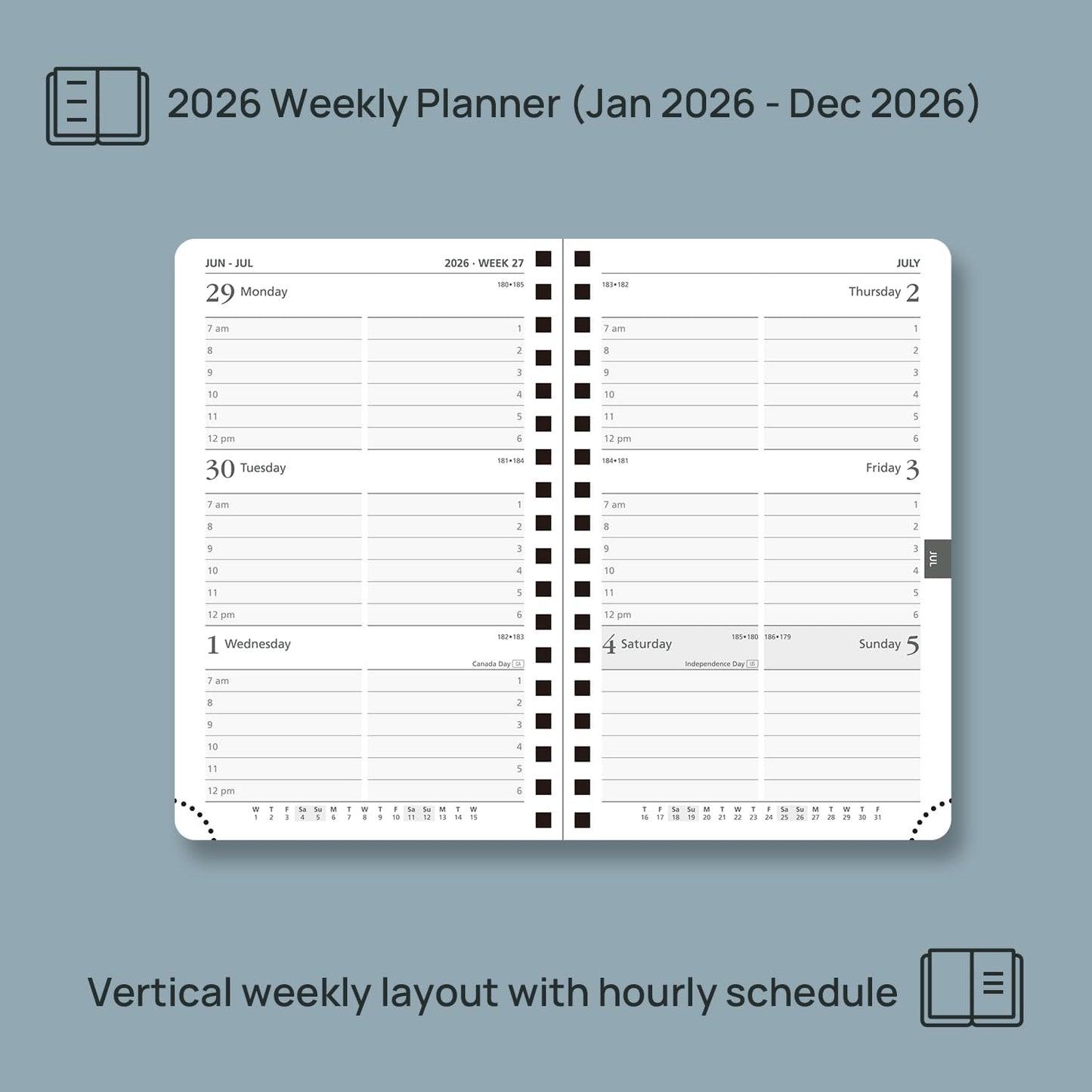 POPRUN 2026 Planner (Pocket Size 4''x 6.25'' Wire-Bond Hard Cover) Calendar Weekly and Monthly (Jan.2026-Dec.2026) Small Planner with Hourly Time Slots, for Purse, 100 GSM - Light Yellow
