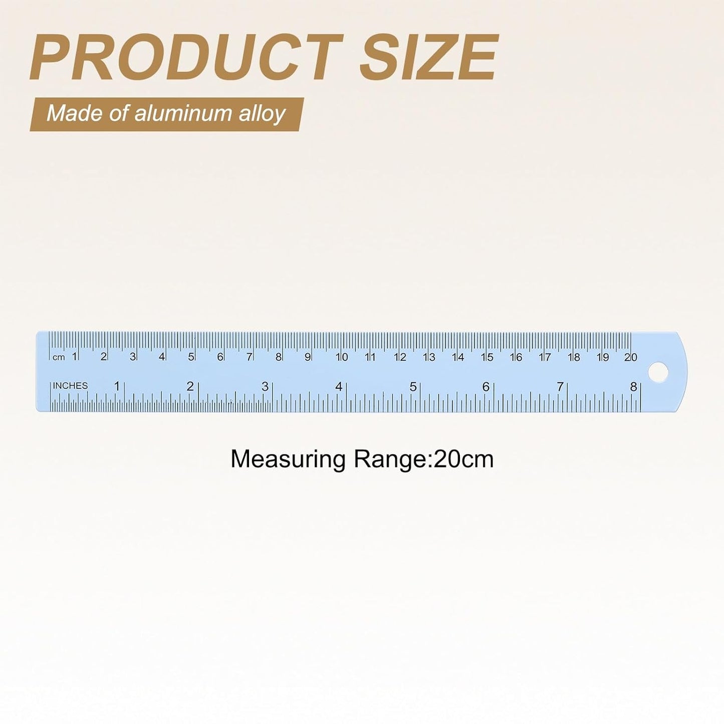 HARFINGTON 4pcs Metal Straight Ruler 20cm Metric SAE Aluminum Alloy Measuring Rulers Scale Tool with Hole for Measure Study Reading Classroom Office, Light Blue