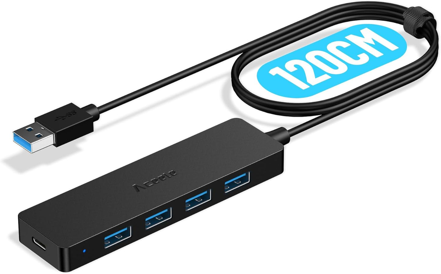 Aceele USB Hub 3.0 Splitter with 4ft Extension Long Cable Cord, 4-Port Ultra-Slim Multiport Expander with Type-C Power Port, USB Extender for Desktop, Computer, PC, Laptop, iMac, PS4 and More