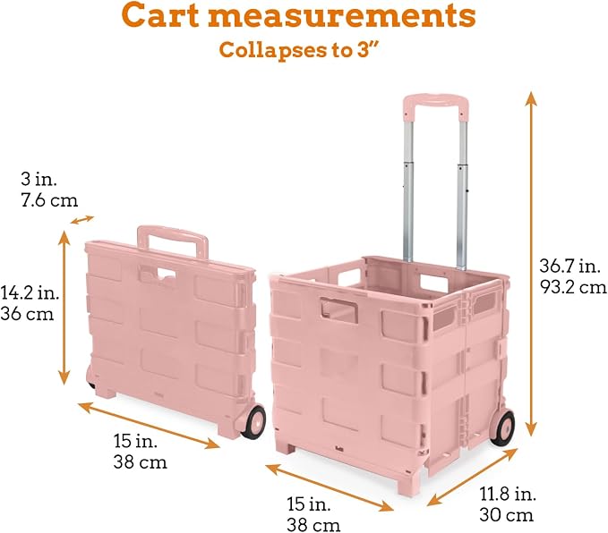Ultra-Slim Rolling Collapsible Storage Pack-N-Roll Utility-carts, with Telescopic Handle, for Home, Garden, Shopping, Office, School use, Medium, Raspberry Pink