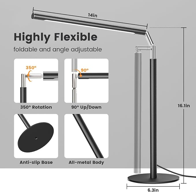 Metal LED Desk Lamp, 16" Dimmable Desk Light with Base, 15W 1200LM, Adapter Included, Color & Brightness Adjustable, Modern Tall Table Lamp for Home Office Reading Study Task Laptop, Black