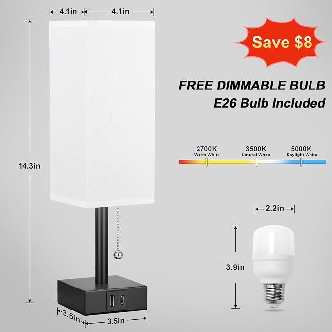 White Small Table Lamp for Bedroom - 3 Color Temperature 3000K 5000K 4000K Bedside Lamp, Pull Chain Control, USB A and C Charging Ports, Black Base, for Kids Office Dorm Nightstand, Bulb Included | Pull Chain Lamp, 3 Color Modes(3000K/4000K/5000K), E26...