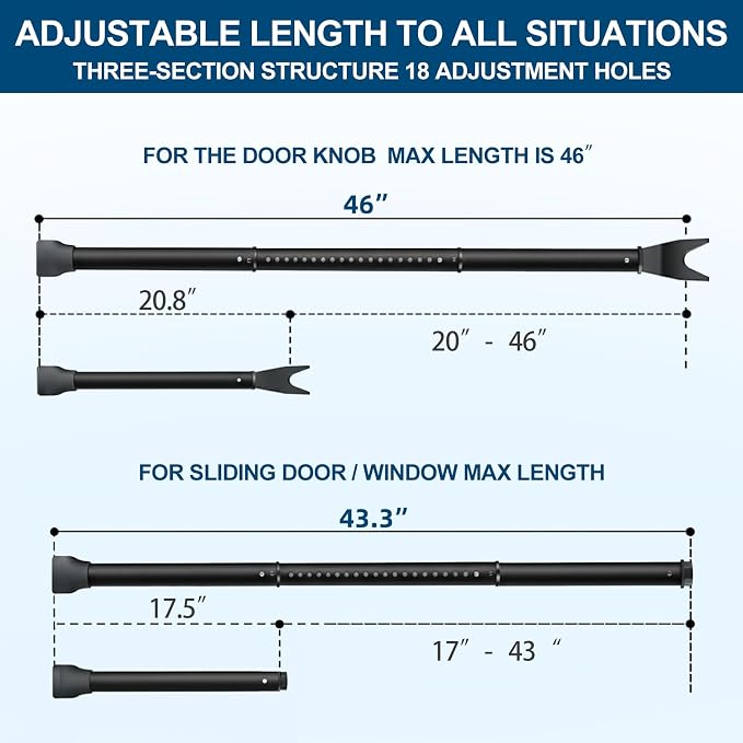Door Security Bar, Rerishom Door Stoppers Security bar,Heavy Duty Door Lock Security Door Jammer Door Stopper for Apartment, Hotel Room,Screen Door Hardware (Dark Black, 1 Pack)