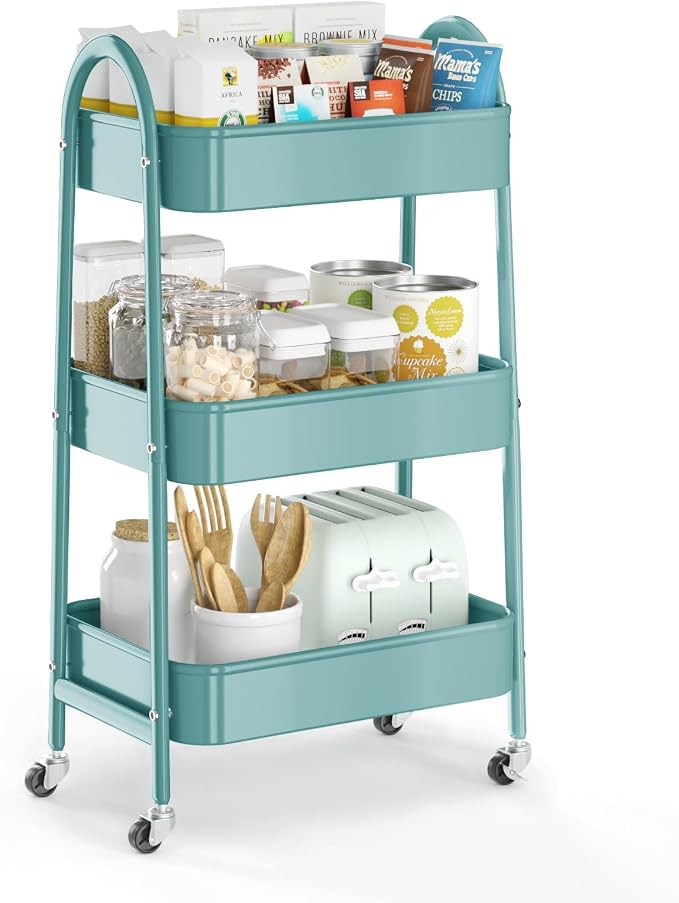 3 Tier Utility Rolling Cart, Metal Storage Cart with Handle and Lockable Wheels, Multifunctional Storage Organizer Trolley with Mesh Baskets for Kitchen, Living Room, Office, Garage (Green)