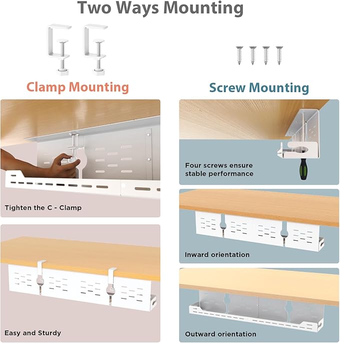 Univivi Under Desk Cable Management Tray, Cable Management, 32 inch, White | Durable Steel Material, Desk Cable Management with No-Drill C-Clamp and Screw Mount, Cord Management for Office/Home