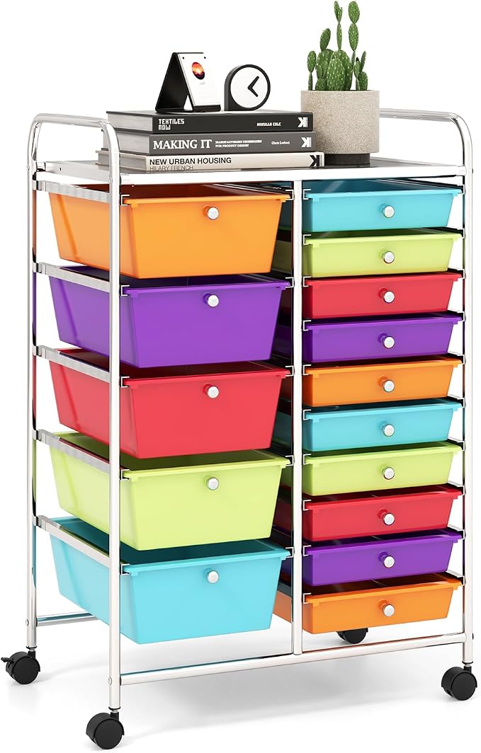 15 Drawer Rolling Storage Cart, Rolling Cart with Drawers for Classroom, Art Supply Craft Organizer on Wheel with Metal Frame & Handles for Home Office School