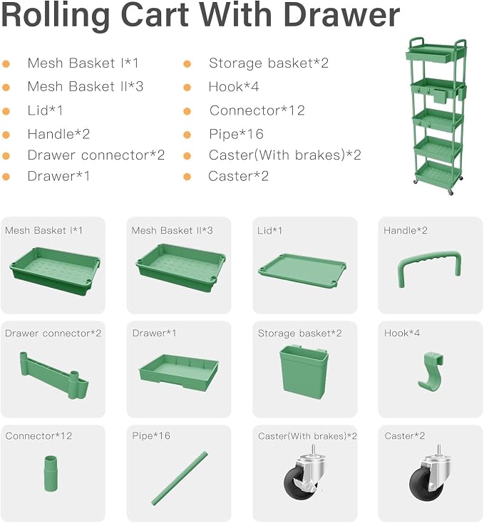 Sorgion 5 Tier Rolling Cart Organizer,Bathroom Cart Organizers with Wheels Laundry Room Organization Mobile Shelving Unit Utility Cart Storage Shelves Multi-Functional for Office, Home(Green)