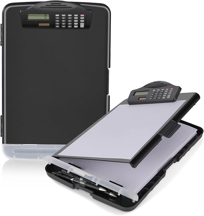 Sunnyclip Clipboard with Storage & Calculator, [20% Thicker] Heavy Duty Plastic Clip Board, Large Capacity Letter Size Side Opening Nursing Slimcase with Pen Holder|Smooth Writing Office Supply