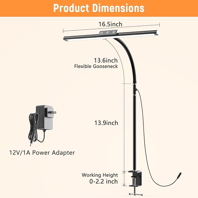 LED Desk Lamp for Home Office, Flexible Gooseneck Desk Lamp with Clamp, 5 Color Touch Control Stepless Dimming Adjustable Eye-Caring Desk Light with Adapter for Reading, Study, Workbench (Black)