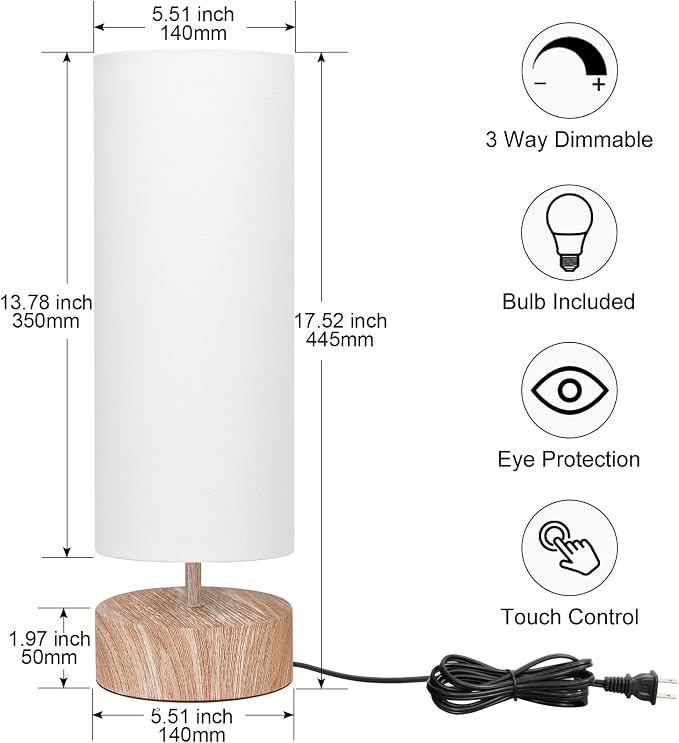 Touch Table Lamp with Wood Grain Metal Base, 3 Way Dimmable Bedside Lamp | Modern Nightstand Desk Lamp with White Shade, Simple Night Light for Bedroom Living Room Home Office, LED Bulb Included