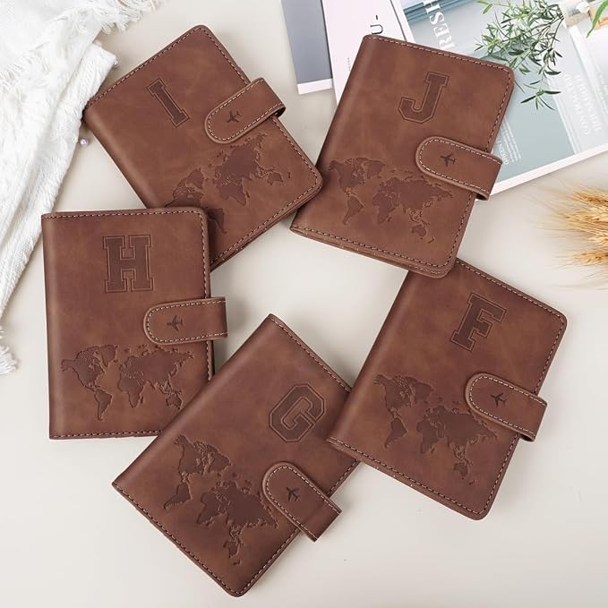 Passport Holder Wallet Cover Personalized Initial Travel Essentials | Embossed Letter A-Z Design, Travel Wallets, RFID Blocking, Passport Book Holders, Women Men, Personalized Gifts, Brown-I