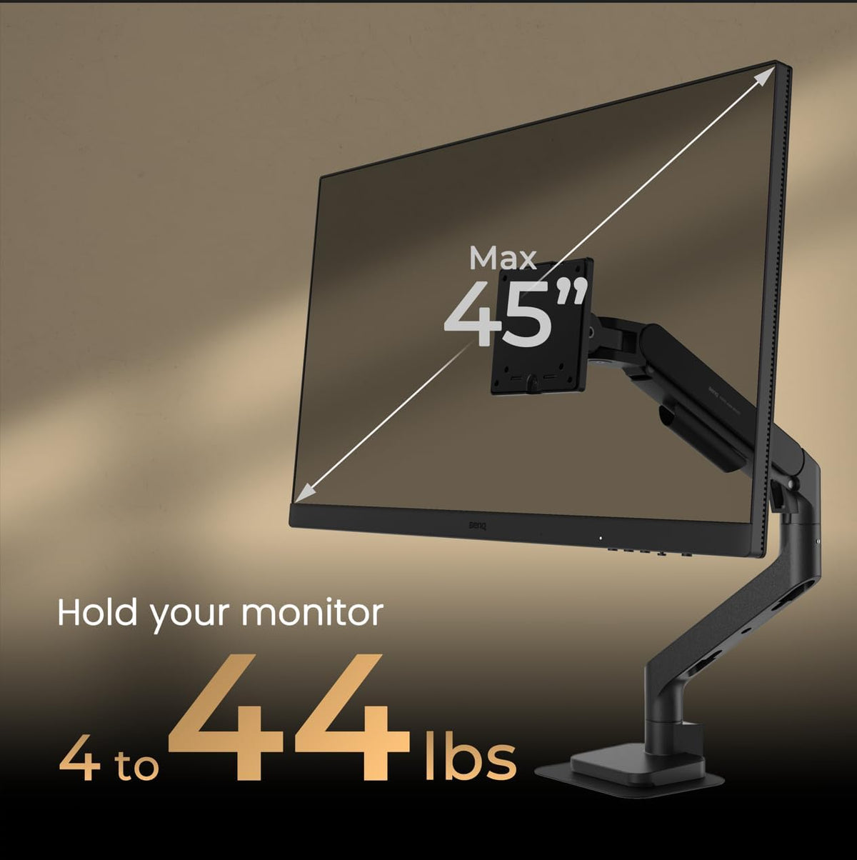 BenQ BSH01 Ergo Monitor Arm -Gas Spring Monitor Stand for Up to 45'' & 44lbs Screens, Heavy Duty, Quick Installation, No Sagging, Top Clamp and Grommet Base, Reinforcement Plate, VESA 75x75 &100x100mm