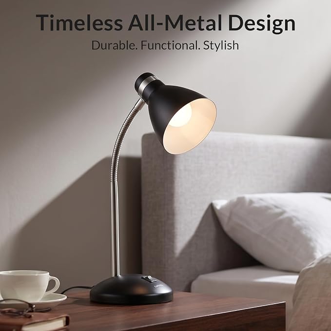 LEPOWER Metal Desk Lamp, Adjustable GooseNeck Reading Light for Bedroom | Compact & Sturdy, Space-Saving for Bedside & Dorm, E26 Table Lamp, Eye-Caring, Ideal for Study, Office, Back to School