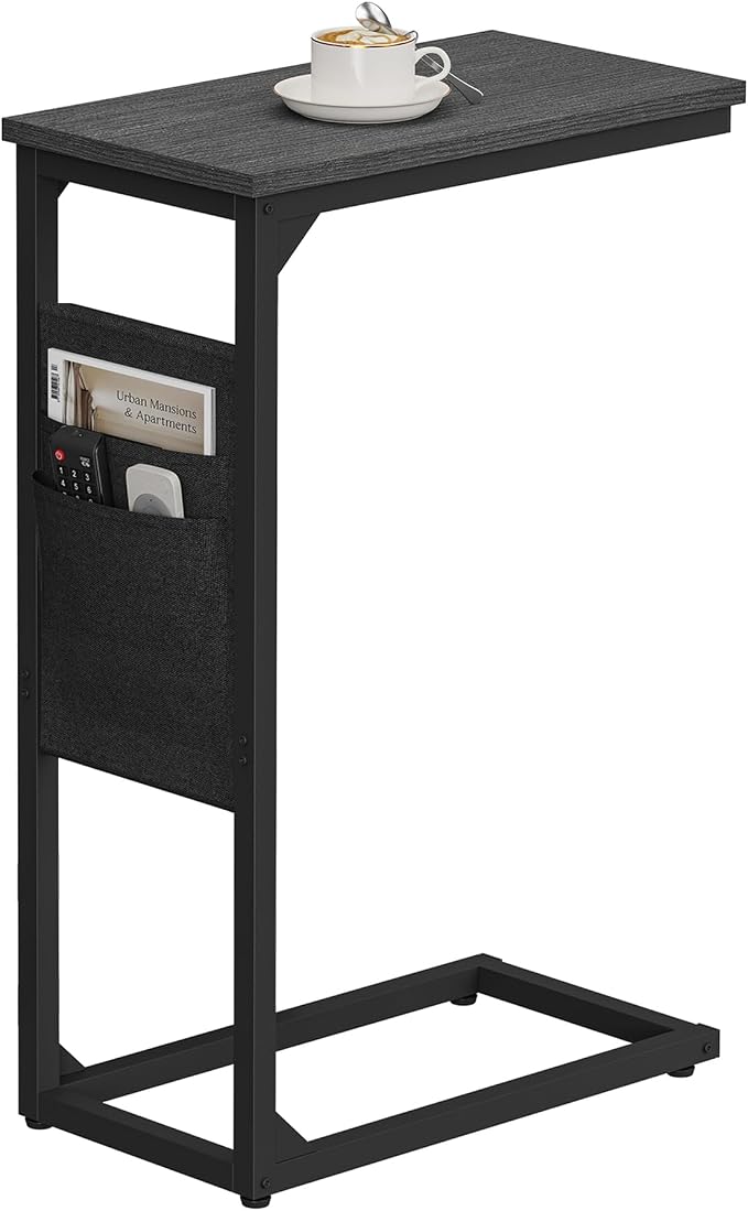 TUTOTAK C Shaped End Table, Side Table for Couch, Sofa Table | with Storage Bag, TV Tray for Living Room, Bedroom, Black TB01BK082