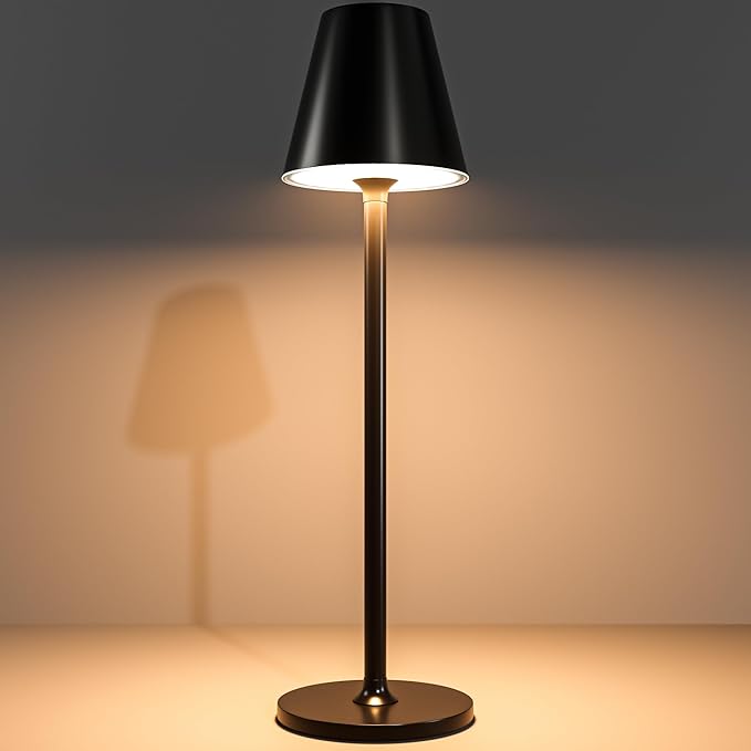 Timjorman Modern LED Cordless Table Lamp, 4000mAh Rechargeable Battery, 3 Level Brightness Night Light, Metal Shell, Minimalist Design, for Couples Dinner/Coffee Table/Restaurant/Bedroom, Black