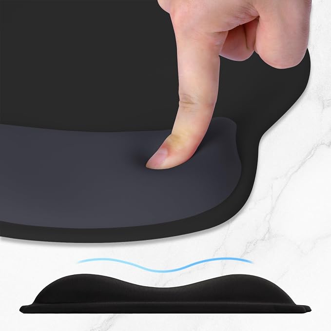 ITNRSIIET Ergonomic Mouse Pad with Wider Memory Foam Wrist Rest +17%, Curved Cushion Reduces Pressure 20%, Pain Relief, Non-Slip, Smooth, Cute Color Desk Accessory, 9.85 x 9 inch, Black Gray Gradient