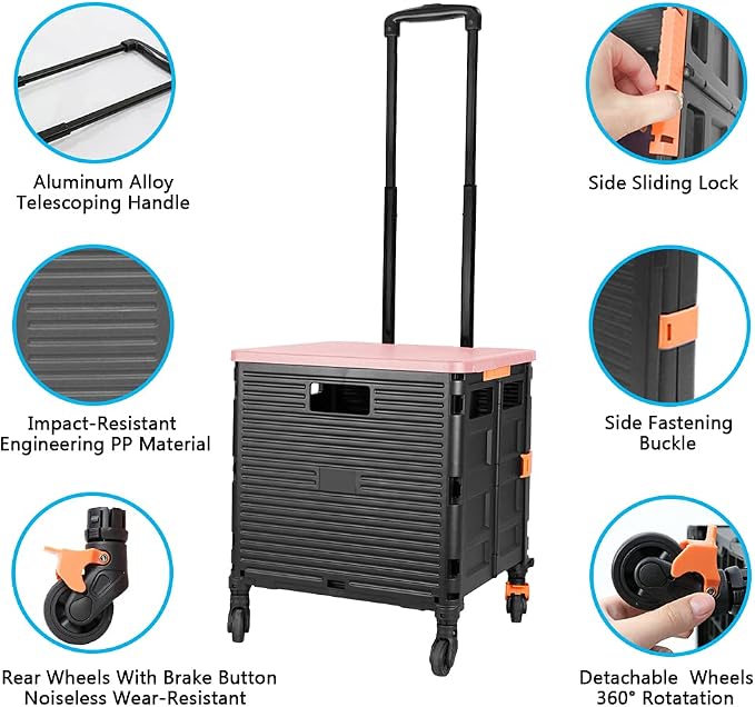 FELICON SELORSS Foldable Utility Cart Folding Portable Rolling Crate-Pink | Heavy Duty,Telescoping Handle,4 Rotate Wheels,Collapsible Handcart for Travel Shop Move Luggage Laundry Teacher Office Use
