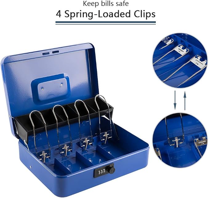 KYODOLED Metal Cash Box with Combination Lock & Spring-Loaded Bill Clips, 5-Compartment Cantilever Coin Tray, Portable Safe for Yard Sales/Craft Fairs/Small Businesses, 11.81”x9.45”x3.54”, Blue
