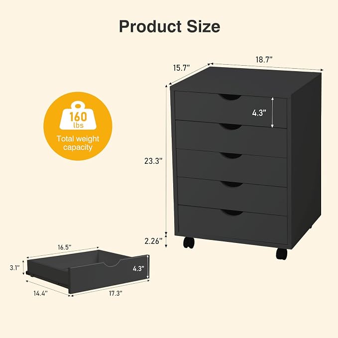 OLIXIS 5 Drawer File Cabinet, Printer Stand with Storage Cabinet | Wood Under Desk Storage Organization Holds Printer, Office Supplies, Not For Hanging Files, Fit Home Office Black