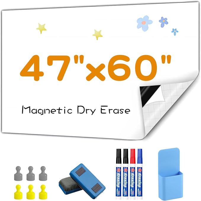 Magnetic Dry Erase Board Contact Paper 47"x60" for Wall | Stick on magnetic white boards for walls. Magnet receptive magnetic board for wall holds magnets.