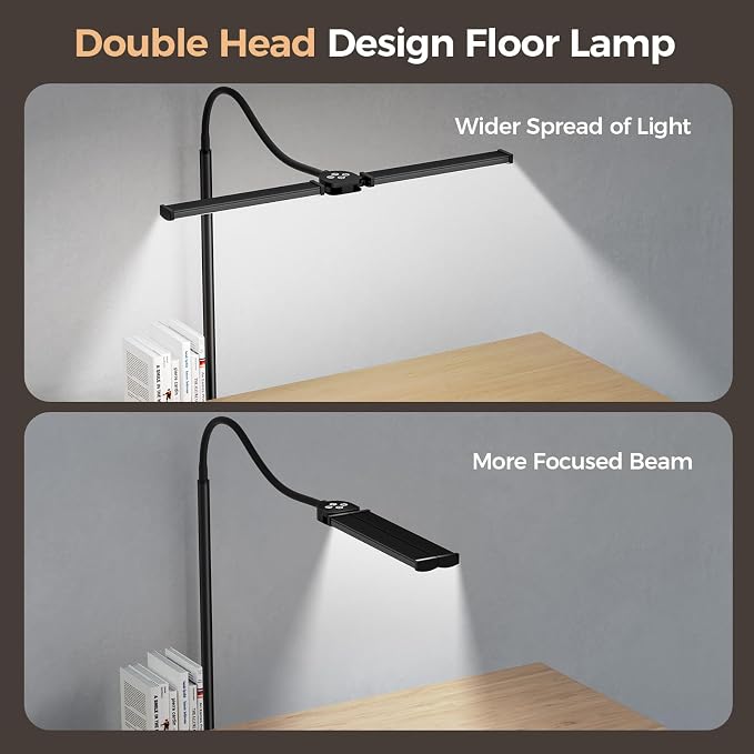 LED Floor Lamp for Living Room,Bright Reading Lamps for Office | 5 Adjustable Colors Temperatures&Brightness, Dual Head Goose-Neck Standing Lamp, Remote Control, Eye Caring Tall Lamp, Black
