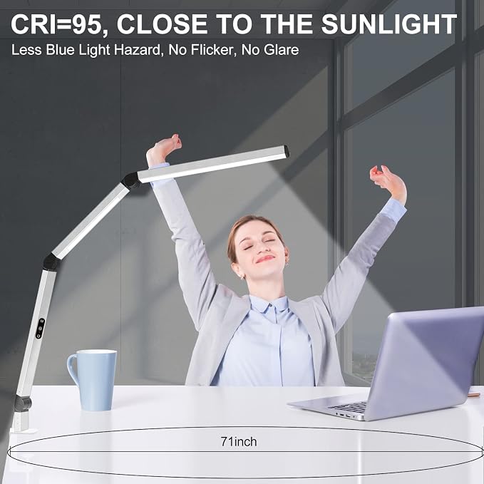 LED Desk Lamp for Home Office, Architect Clamp Desk Lamp with Remote Control, Adjustable Dimmable Swing Arm Clamp on Table Light Clip-on Dual Light 5 Brightness Levels & 4 CCT Modes