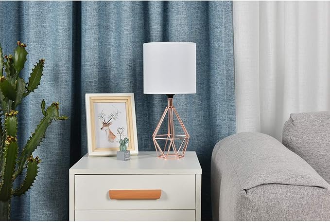 Rose Gold Bedside Table Lamp,Modern Small Desk Lamp with TC Fabric Shade Geometric Metal Base for Kids Living Room Bedroom Nightstand