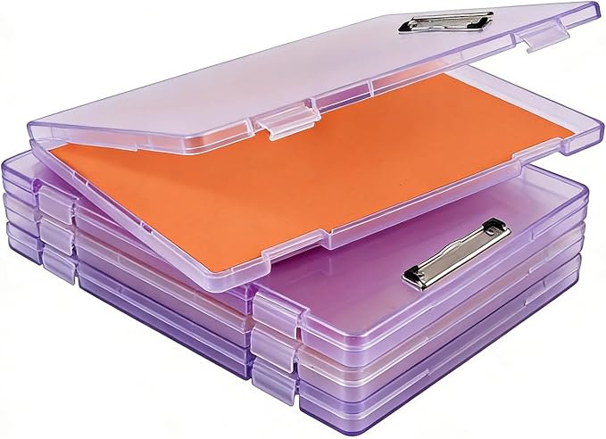 2 Pack Letter Size Clipboard with Storage 8.5 * 11, Plastic Clear Purple Clipboard File Box A4 Nursing Clip Board for School & Office with Stickers (Clear Purple-2PCS)