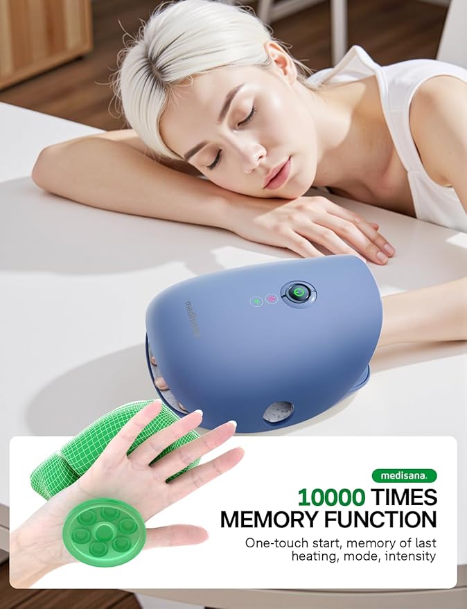 Medisana Hand Massager with Heat and Compression, Cordless Hand Massager for Arthritis and Carpal Tunnel Relief, Knuckle Stretching Massage, Birthday Christmas Gifts for Men Women Dad Mom-Blue