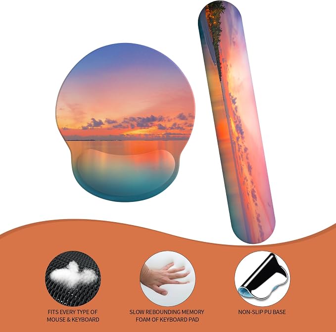 Mouse Pad Wrist Support, Ergonomic Memory Foam Keyboard Wrist Pad & Gel Wrist Rest Set for Computer Keyboard for Easy Typing & Pain Relief for Office & Home (Oceanic Sunset Set)