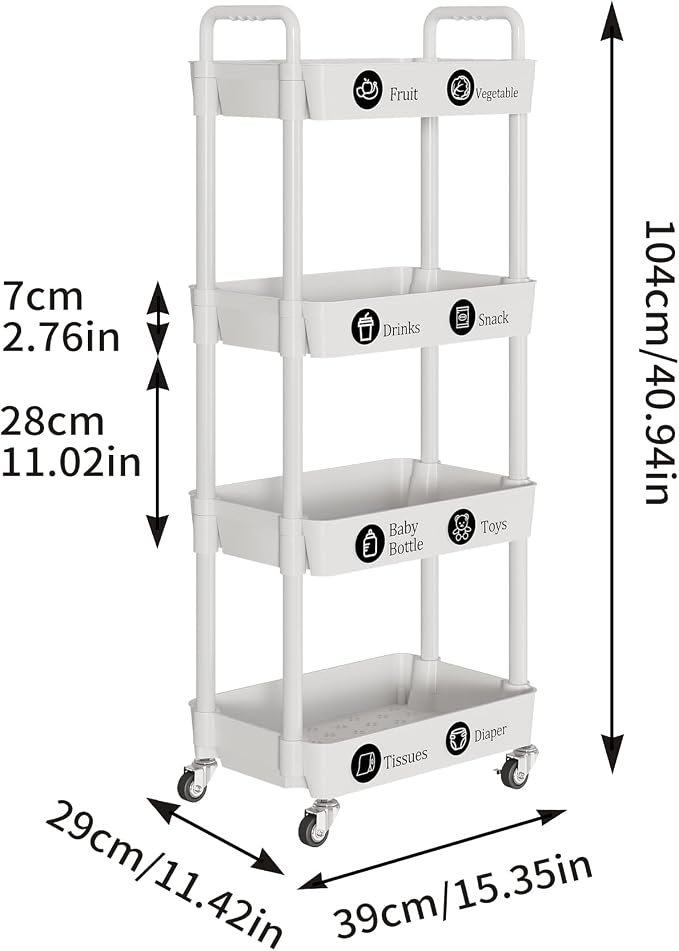 Laiensia 4-Tier Storage Carts,Multifunction Utility Rolling Cart Kitchen Storage Organizer,Mobile Shelving Unit Cart with Lockable Wheels for Bathroom,Laundry,Living Room,With Classified Sticker,White