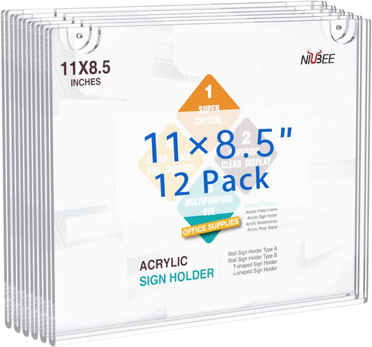 NIUBEE 12-Packs Acrylic Wall Sign Holder 8.5x11 Horizontal, Clear Plastic Picture Frames , Wall Mounted Design.