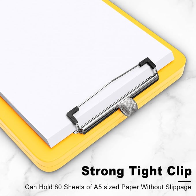 Hongri A5 Clipboard with Storage, Metal Retractable Pen Holder, Yellow | 6 x 9'' Nursing Plastic Foldable Clip Board, Size 9.4 x 6.1 x 0.9 in, Menu Box for Work, Office & School Supplies