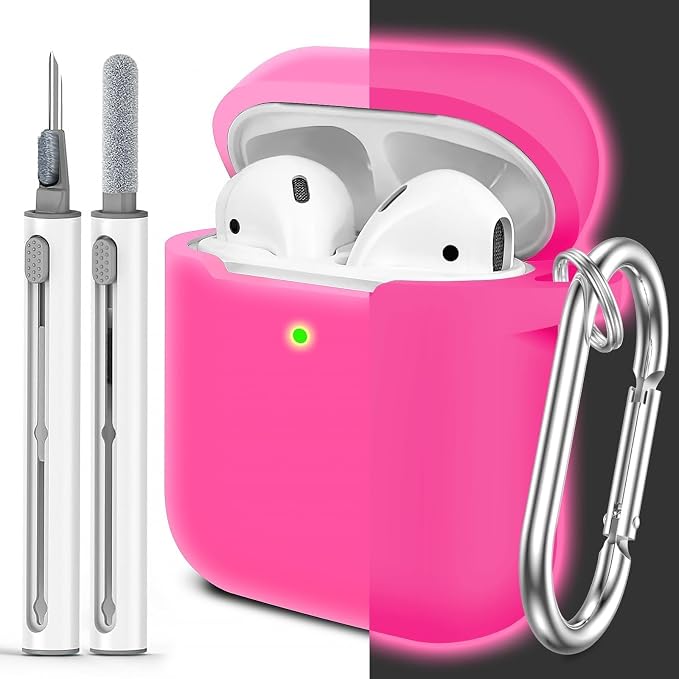 for AirPods Case Cover, Come with Cleaner Kit, Soft Silicone Protective Cover with Buckle, Compatible with Apple AirPods 2nd 1st Generation Charging Case, Front LED Visible, Luminous Pink