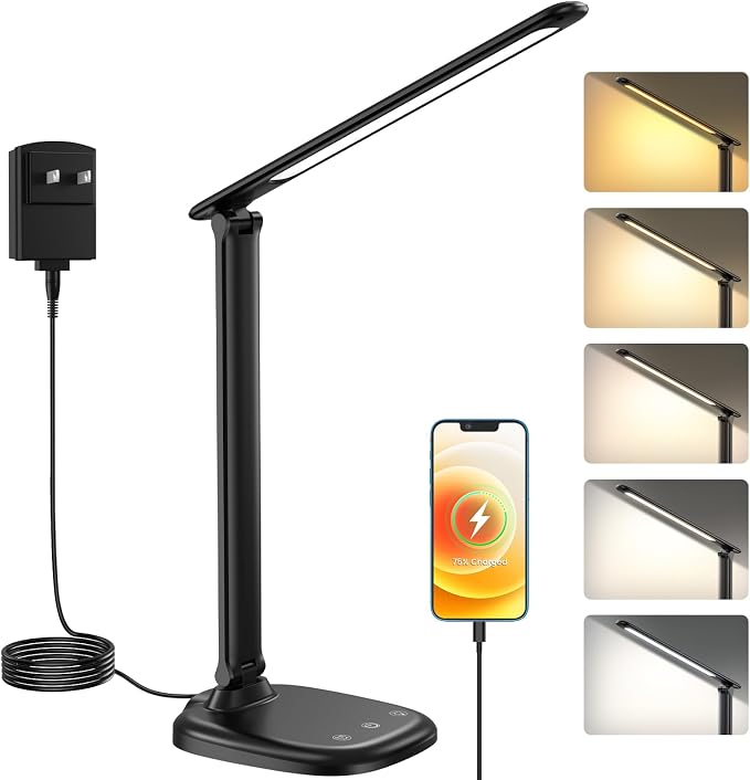 Desk Lamp with Charger, 10%-100% Stepless Dimmable & 5 Color Modes Study Lamp, Touch Control, 30-/60-minute Timer, USB Charging Output Port, CRI≥90, Eye-Caring Foldable LED Desk Lamps for Home Office