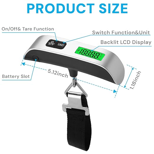 Digital Luggage Scale, Backlit LCD, 110 Pounds | digital sensor scale with 4-unit switching for accurate weighing of luggage, backpacks, and packages while traveling
