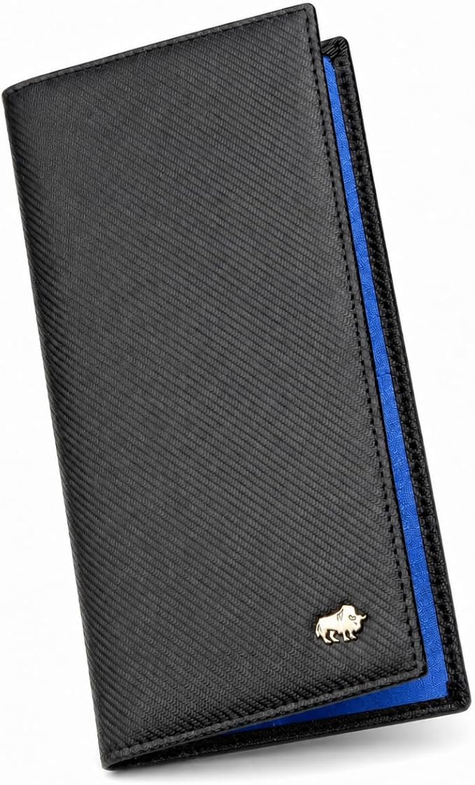 BISON DENIM Long Wallet for Men, RFID Leather Bifold, 12 Card Slots, Blue | mens long bifold wallet checkbook billfold credit card holder id window zipper coin pocket slim cowhide purse organizer