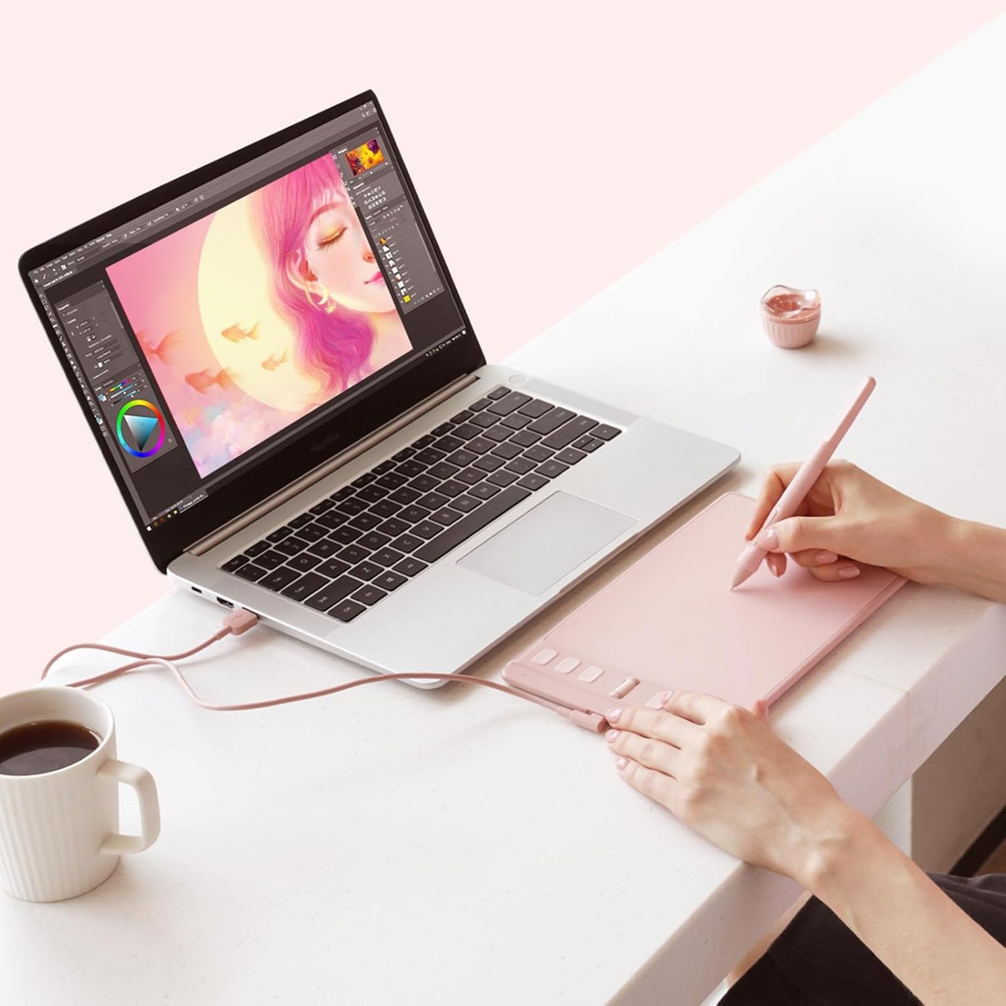 HUION Inspiroy 2 Small Drawing Tablet, Digital Art Tablet with Scroll Wheel, 6 Hot Keys, Battery-Free Stylus, Pink Graphics Tablet for Drawing, Design, Writing, Work with PC, Mac & Android