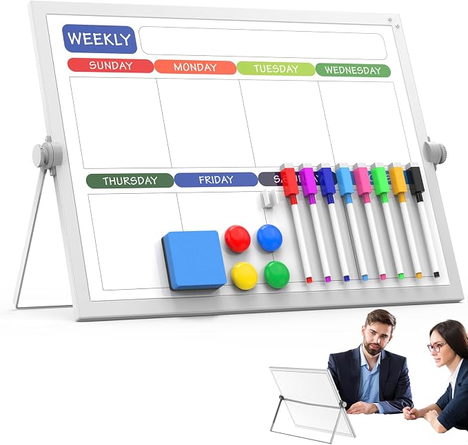 Desktop Weekly Whiteboard 16x12 Stand, Double Sided Dry Erase Board | Portable with Handle, Foldable Aluminum Stand, 360° Angle, 8 Markers 4 Magnets 1 Eraser, Smooth Magnetic Surface