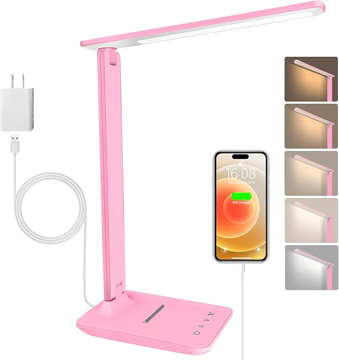 White crown LED Desk Lamp Dimmable Table Lamp Reading Lamp with USB Charging Port, 5 Lighting Modes, Sensitive Control, 30/60 Minutes Timer Pink (Pink, First-Generation)