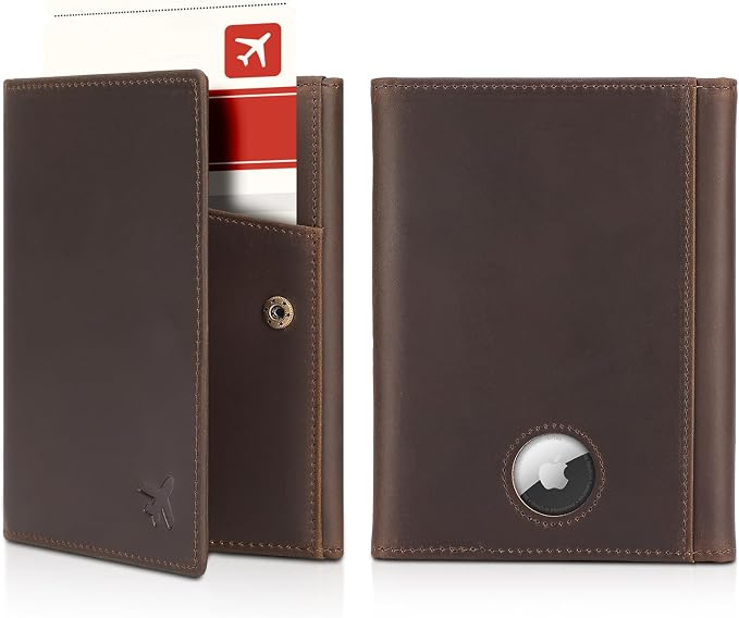 Polare Full Grain Leather Pilot Wallet Passport Holder RFID Blocking Tri-fold Travel Cover Document Organizer for Aviation Professionals (Dark Brown with AirTag Slot)