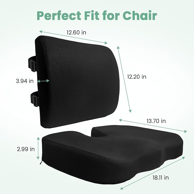Seat Cushion and Lumbar Support Pillow for Office Chair, Wheelchair, Memory Foam Coccyx Cushion for Sciatica Tailbone Pain Relief, Back Support for Car Chairs, Desk Chair