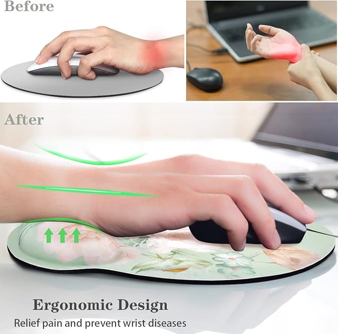 WAVEYU Ergonomic Mouse Pad with Wrist Support, Office Mousepad with Wrist Rest, Computer Gaming Mouse Pad for Laptop, Pain Relief Mouse Mat with Non-Slip Rubber Base, 9''x 10'', Green Flower 02