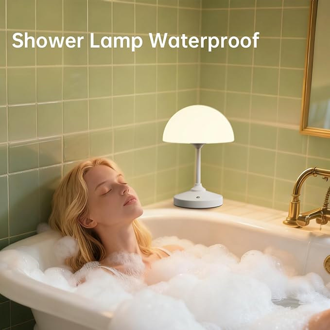 Mushroom Lamp Cordless Lamp Table Lamp,Outdoor Waterproof Shower Lamps,5000mAh Rechargeble Battery Operated Dimmable Touch Desk Lamps,LED Night Light for Bathroom Patio Camping Outdoor(White)