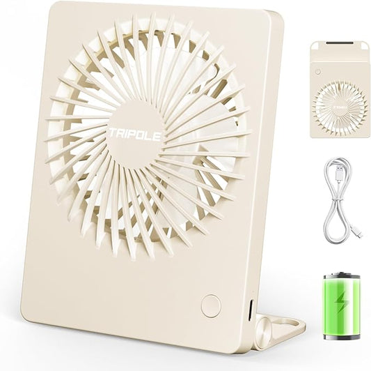 TriPole Mini Portable Desk Fan Rechargeable Ultra Quiet Small Fan 4.5 Inch Personal Travel Fan with 180° Tilt Folding and 3 Speeds Adjustable for Office Desktop Bedroom (Beige)