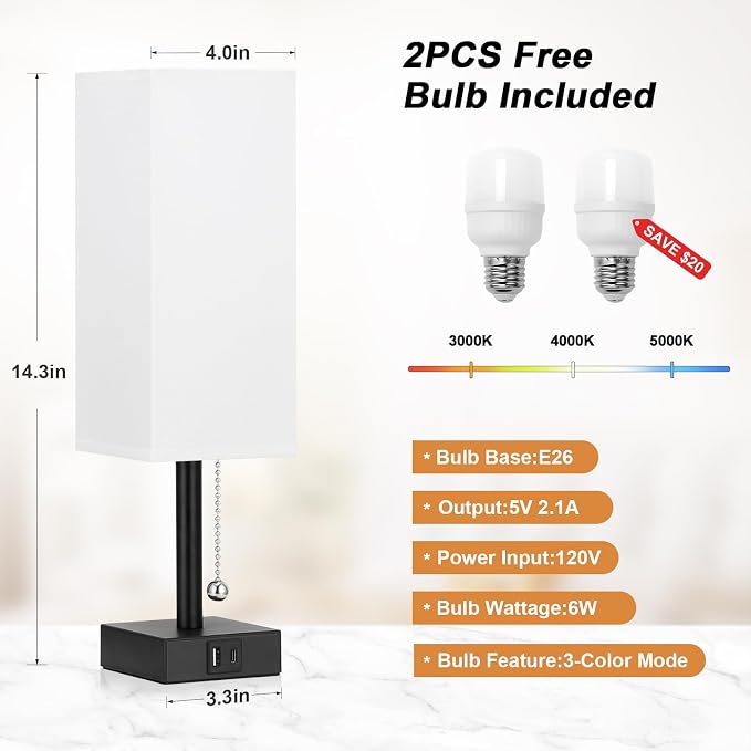 Set of 2 White Bedside Table Lamps for Bedroom - Nightstand Lamp, USB C+A | Pull Chain Lamp, 3 Color Modes(3000K/4000K/5000K), E26 LED Bulb Included, Square White Fabric Lampshade, for Read, Work, Dorm