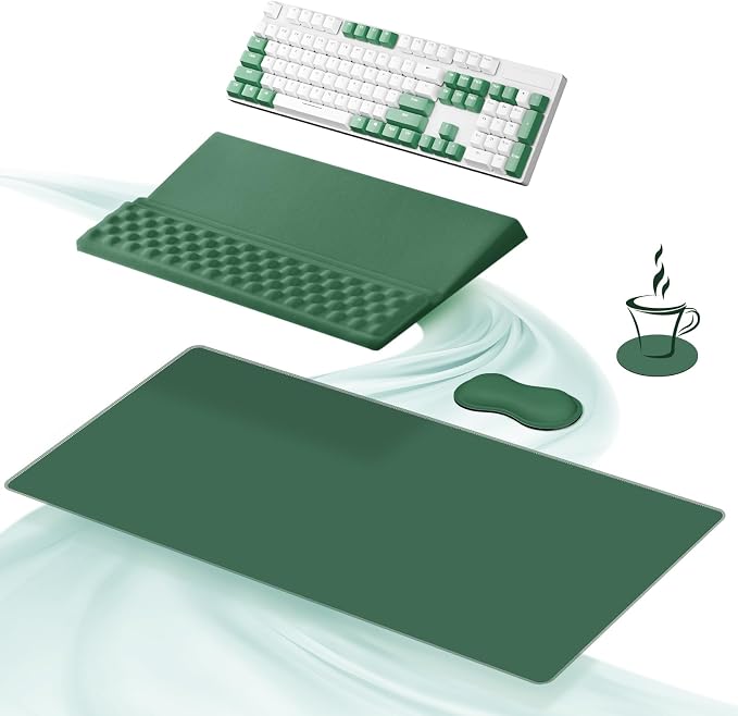 Ospelelf Keyboard Wrist Rest Stand Pad and Ergonomic Mouse Pad Set with Large Mousepad, Memory Foam Comfort, Premium Office Desk Accessories for Pain Relief, Green